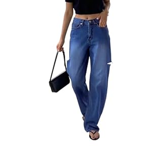 Necooer Women’s Casual Jeans Baggy Stretch Wide Leg Jeans Casual Distressed Ripped Boyfriend Denim Pants Trendy Fashion