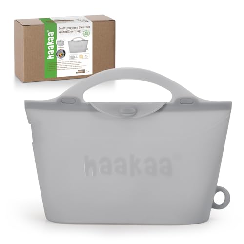 Haakaa Silicone Microwave Steamer & Steriliser Bag, 70oz/2000ml Large Capacity Reusable Steaming Bags for Baby Bottles, Breast Pump, Accessories, Pacifiers,Teethers, Great for Home&On The Go, Grey/1PC