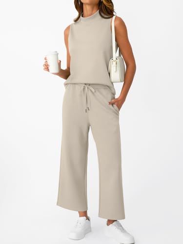Image of AUTOMET Womens 2 Piece Mock Neck Matching Summer Tracksuit Set Sleeveless Tank Top Wide Leg Crop Pant Sets