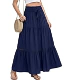 Jupe Femme Ete Longue : Avec sa silhouette trapèze à taille haute et sa ceinture élastique délicatement froncée, cette jupes de plage pour femmes allie un style vintage chic à une polyvalence flatteuse pour différentes morphologies. L'ourlet en cascade crée un effet fluide et dynamique, tandis que la doublure intégrée assure modestie et praticité.
