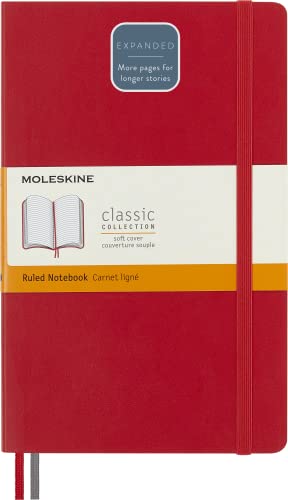 Moleskine Classic Notebook Expanded, Taccuino a Righe, Copertina Morbida e Chiusura Elastica, Formato Large 13 x 21 cm, Colore Rosso Scarlatto, 400 Pagine