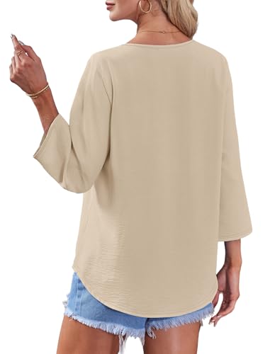 Image of OFEEFAN Button Down Shirts for Women 3 /4 Length Sleeve Tops V Neck Blouses Business Casual Outfits Loose Fit
