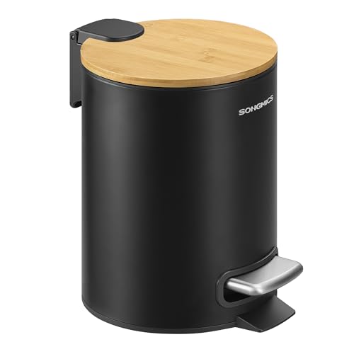 SONGMICS Petite Poubelle, avec Couvercle en Bambou, Pédales en Métal, Seau Amovible, Fermeture en Douceur, pour Salle de Bain, 3 L, Noir d'encre LTB113BZ01