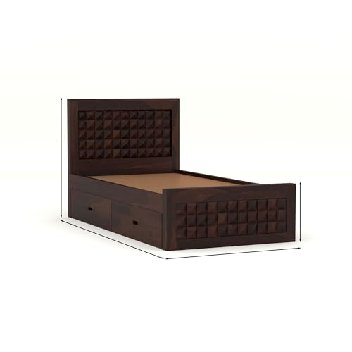 Image of Solid Sheesham Wood Single Size Bed with 2 Drawer Storage Wooden Single Cot Bed for Home Living Room Bedroom Guest Room Hotel (Walnut, Size 6 * 4)