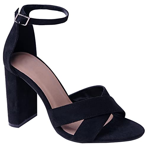 Zapatos de tacón alto con correa al tobillo para mujer, zapatos de punta abierta, cruzados, cómodos, para fiestas, ocasiones de oficina, elegantes tirantes, sexy, Gamuza sintética negra., 40 EU Cover