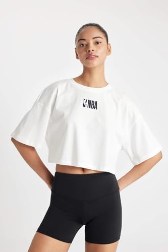 DeFacto DeFactoFit NBA Wordmark Oversize Fit Bisiklet Yaka Nakış Baskı Kısa Kollu Tişört Ekru S - Görsel 3