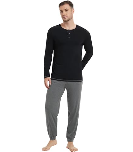 Image of NACHILA Mens Pajamas Set Long Sleeve Henley Sleepwear Top Soft Jogger Pants Pajamas Cool Pjs Set,Viscose Made from Bamboo