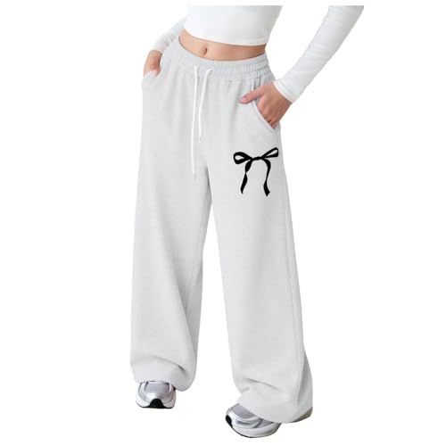 Allegorly Jogginghose Mädchen Baggy Freizeithose für Kinder mit Schleife Drucken Wide Leg Lässige Sporthose Lang leichte Jogging Hose mit geradem Weites Bein und Taschen (Light Gray 11-12 Years)