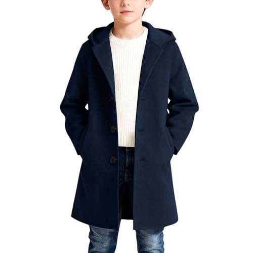 Image of Boys Peacoat Kids Winter Warm Long Sleeve Jacket Mid Long Trench Coat Slim Fit Wool Blend Open Front Hooded Overcoat Navy 14 Years 15 Years
