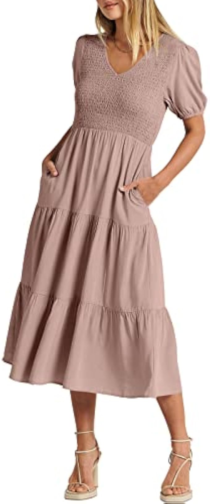 ANRABESS Women's Summer Puff Short Sleeve V Neck Smocked Tiered Swing A Line Beach Midi Dress with Pockets