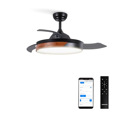 CREATE / WIND CLEAR/Ventilador de techo con luz negro madera oscura con mando y Wifi / 40W, Ø108 cm, temporizador, 6 velocidades, aspas retráctiles, 3 temperaturas de luz, función verano-invierno