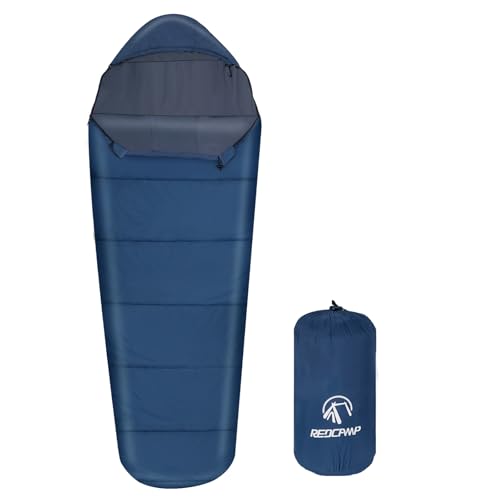 REDCAMP Ultra Lightweight Mummy Sleeping Bag for Backpacking, Hiking and Camping, Comfort for Adults Warm Weather, Hooded with Compression Sack, Navy Blue (86'x 29')