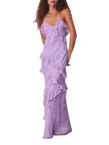 Image of SOOKABEILA Women Y2k Boho Maxi Dress Floral Lace Sheer Tiered Flowy Cami Long Dress 2025 Summer Smocked Beach Sundress