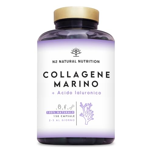 Collagene Marino con Acido Ialuronico, Magnesio e Vitamina C. Integratori Articolazioni, Cartilagine e Pelle. 150 capsule. Fornitura per 75 giorni. Collagene Idrolizzato. PEPTAN. N2 Natural Nutrition