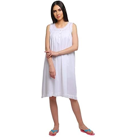 Moomaya Cotton A-Line Sleepwear for Ladies Round Neck Button Placket Nightdress White Cover