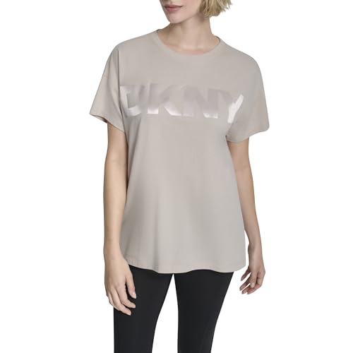 DKNY Women's Short Sleeve Jumbo Satin Logo Crew Neck T-Shirt, Oat, Small by DKNY - Used condition - US$17.47