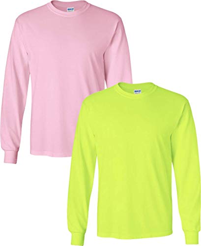 Image of Cotton 6 oz. Long-Sleeve T-Shirt (G240) (Pack of 2) LightPink-SafetyGreen Medium