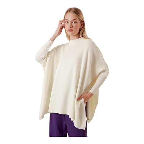 Image of Women's Crew Neck Batwing Sleeve Split Hem Oversized Knit Poncho Sweater
