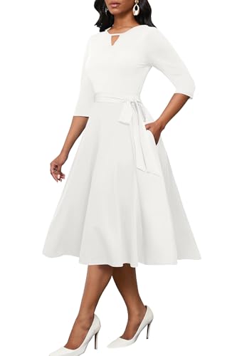 Image of CLOCOR Midi Dresses for Women Casual A-Line Fit and Flare Dress Crewneck 3 /4 Sleeve Keyhole Cocktail Party Church Dress