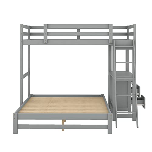 Moeo Twin Over Full Bunk Bed With Built-In Desk And 3 Drawers, Solid Pine Wood Bedframe For Kids/Bedroom/Boys/Girls/Teens, Grey #TOP7