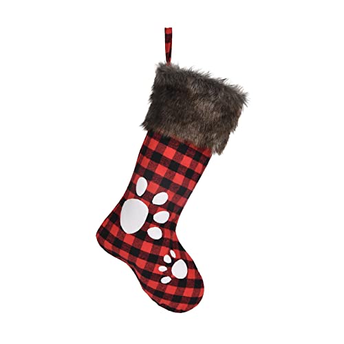Christmas Stocking 2024 Ornaments Handmade Dog Footprints Pattern Sock with Faux Fur Xmas Winter Party Decorations Gifts Santa Plush Decor 20 inch Red