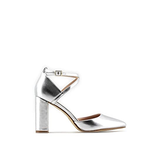MODELISA - Zapatos De Tacón Ancho Salón PU Hebilla Pulsera Tobillo Fiesta Boda Novia Mujer (Plata, Numeric_37)