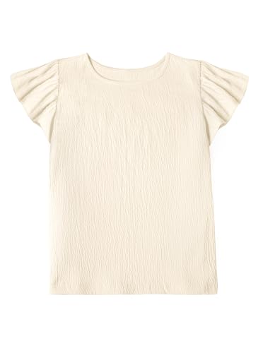 Image of Girls Ruffle Sleeve Shirt Crew Neck Textured Summer Cute Tops Dressy Blouse Light Beige 7-8 Years