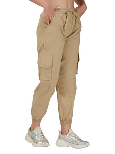 Image of fabcoast Multi-Pocket Cargo Cotton Poplin Jogger Pants for Women Summer Wear Full Elastic with Drawstring and 2 Side Pockets, 2 Back Pockets and 2 Leg Pockets