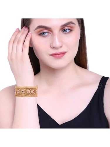 Efulgenz Indian Bangles for Women Gold Tone Bracelet Bangle Set Crystal Floral Engraved Style Hinge Openable Big Broad Bracelet Bangles Indian Bridal Jewelry for Wedding Bollywood Fashion Jewelry (2 Pcs)4