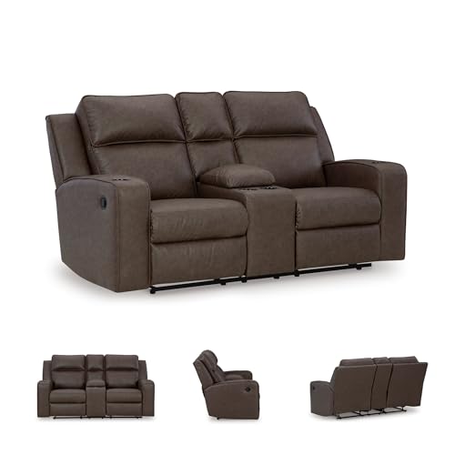 Image of Signature Design by Ashley Wall Hugger Reclining Loveseat with Console | Heavyweight padded faux leather feel, Center console with 4 cup holders and manual pull-tab recline, Lavenhorne Series