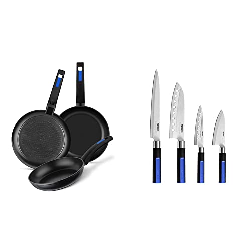 Monix M811200 Mb Martín Berasategui - Set De 3 Sartenes, Aluminio Forjado Con Antiadherente Sin Pfoa + Solid + - Set De 4 Cuchillos Japoneses, Acero Inoxidable De Alta Calidad