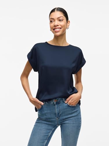 Vila Viellette S/S Satin Top/Su-Noos Camiseta, Azul Marino, 44 Mujeres