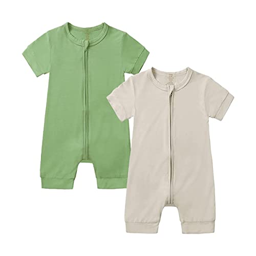 Image of JunNeng Baby Boy Girl 2 Pack Rayon of Bamboo Summer Sleeper Infant Soft Short Sleeve Zipper Footless One-piece Romper