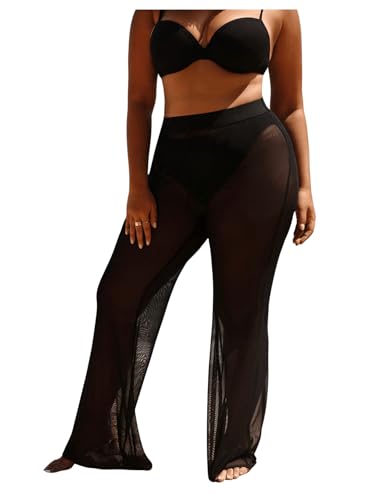 Women's Plus Size Beach Pants Sheer Mesh Swimsuit Coverup High Waisted Bikini Cover Up Bottoms
