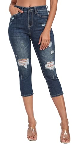 WAYRUNZ Women's High Rise Skinny Ripped Stretchy Cropped Distressed Jeans Capri Pants