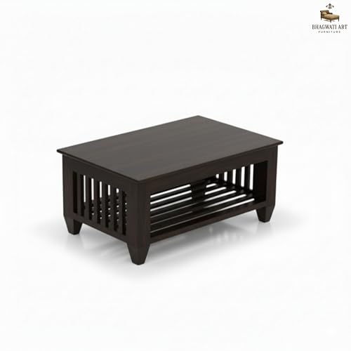 Image of Solid Sheesham Wood Coffee Table for Living Room | Wooden Rectangle Coffee /Tea Table with Storage |Center Table with Storage Teapoye for Home, Living Room, Balcony (Walnut Finish)