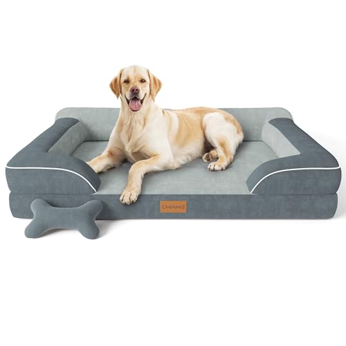 Image of CWAWZ Jumbo Dog Bed for Extra Large Dogs, Orthopedic Dog Bed with Cooling Gel Memory Foam, Waterproof Dog Bed with Removable Washable Cover, 45 inch Dog Sofa Couch Dutch Velvet with Bone Toy, Dark Gray