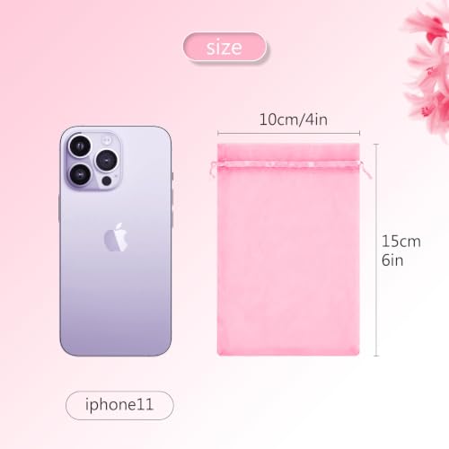 Image of FUNFERY 100PCS Pink Organza Gift Bags 4x6in,Drawstring Pouch for Jewelry