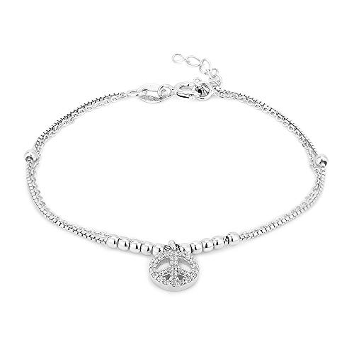 Vanbelle Sterling Silver Jewelry Beaded Multi Layer Chain Bracelet & Hanging Peace Charm With Cubic Zirconia And Rhodium Plated For Women And Girls #TOP20