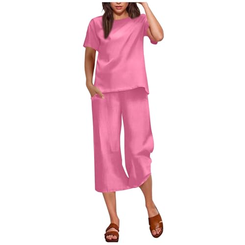 Womens Loungewear Sets Summer 2 Piece Outfits Short Sleeve Round Neck Top and Capris Wide Leg Pants Sets with Pocket Pink