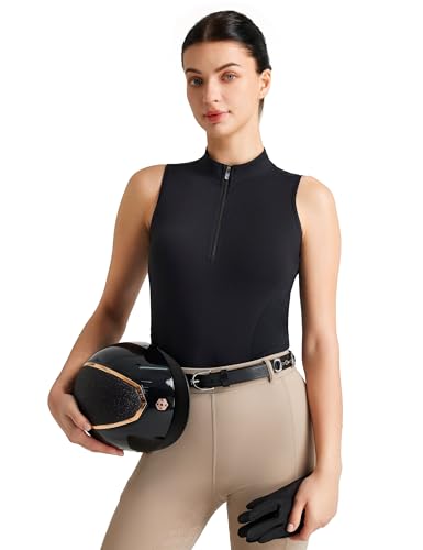 FitsT4 Sports Women Equestrian Shirts Sleeveless Horse Riding Shirts Quick Dry UPF50+ Tank Tops Golf Shirts Quarter Zip Black S