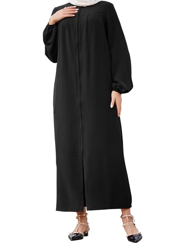 OBEEII Abaya Muslim Damen Einfarbig Muslimisches Kleid Islamische Gebetskleidung Naher Osten Dubai Türkisches Robe in voller Länge Stehkragen Reißverschluss Schwarz M