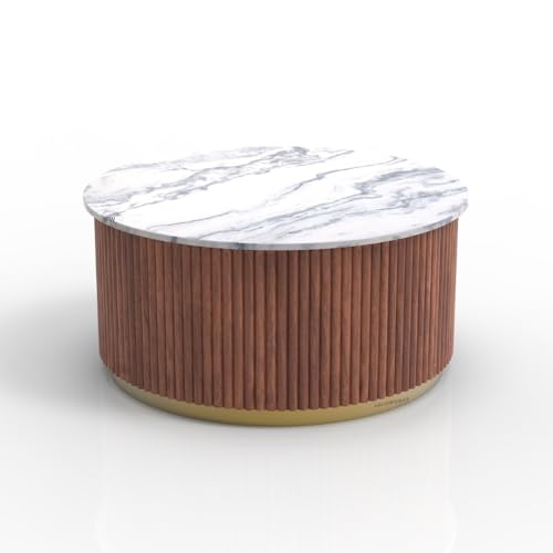 Image of Wooden Coffee Table for Living Room | Modern Round Center Table with Marble Top Fluted Wooden Base and Metal Accent Ring | Premium Marble Top Coffee Table for Home Decor (Teak)