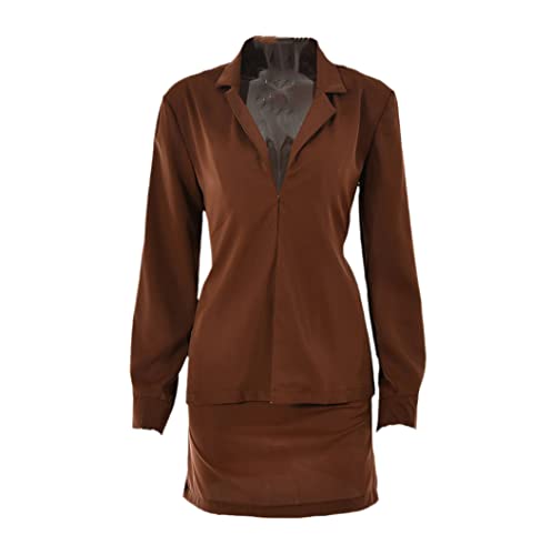 Mini jupe costume et blazer marron taille L ensemble manches longues élégant femme