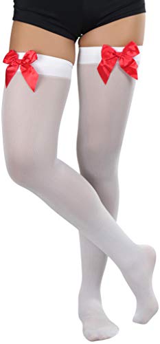 Image of ToBeInStyle Women's Opaque Long Thigh High Stockings w /Decorative Front Satin Bow
