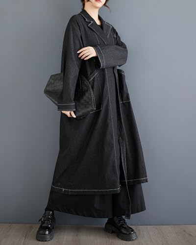 ellazhu Women's Coat Loose Oversize Casual Trench Coat Denim Jacket Jean Plus Size Tendy Maxi Drawstring Solid GZ3383