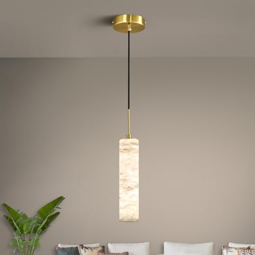 LMQNINE Natural Alabaster Pendant Lights for Kitchen Island White Marble Long Tube Chandelier 4000K Modern Gold Ceiling Light Fixtures for Bedroom Dining Room Table Living Room Hallway(S-1Pack)