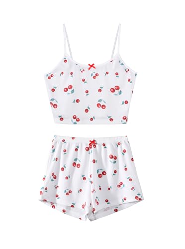 Image of Hilinker Womens Graphic 2 Piece Pajama Set Summer Cute Crop Cami and Shorts Ribbed Lounge Sets