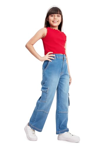 Image of olele Girls Super Jeans Collection for 4-14 Yrs | Stretchable Cotton Denim Trousers | Blue Jeans for Kids | Baggy Denim Pants | Cargo Pants for Girls