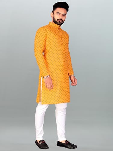 Image of Cotton Blend Geometric Mandarin Chinese Neck Full Sleeve Kurta for Men